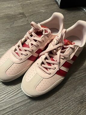 adidas Pale Pink Trainers with Red Three-Stripes